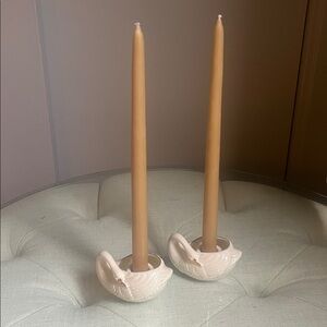 Vintage Pair Porcelain Elegant Cream Swan Candle Stick Holders Made In Taiwan
